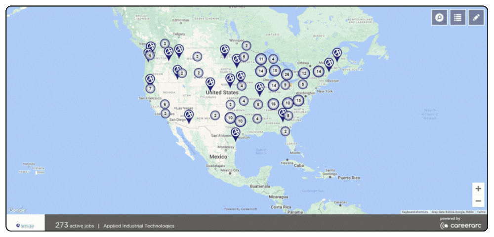 GIF of Applied Industrial's CareerArc Job Map, zooming in on open jobs across the US.