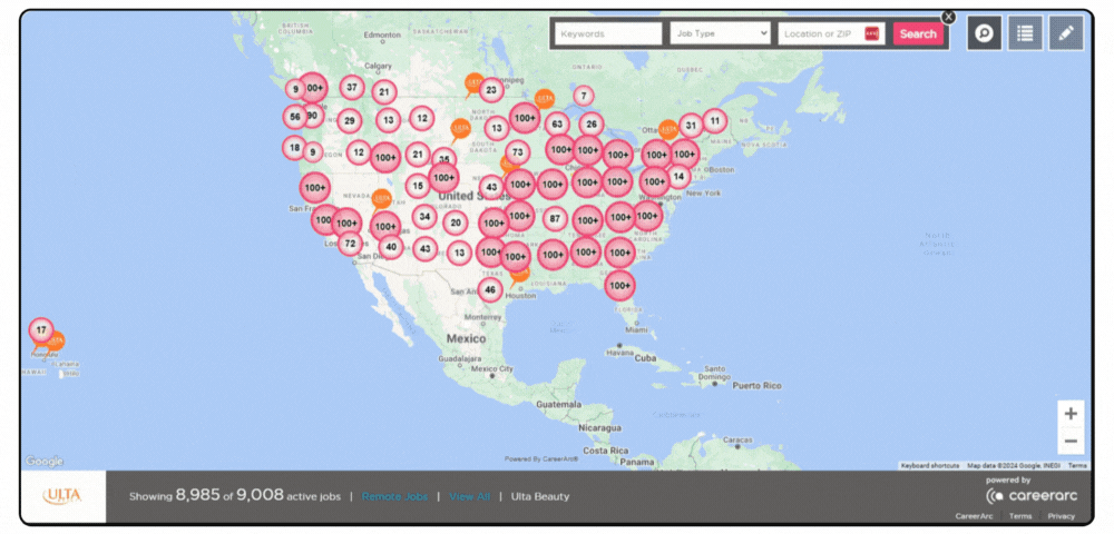 A gif showing Ulta Beauty's job openings across the united states.