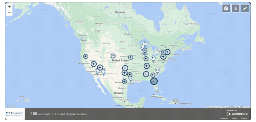 Envision's job map showing open positions across the US.