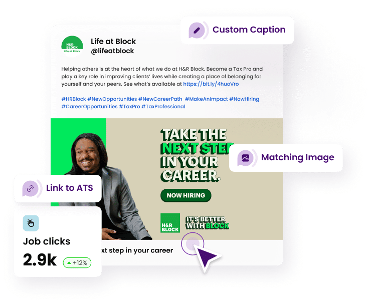 A broken down social media post from CareerArc, with custom captions, link to ATS, and Job Clicks.