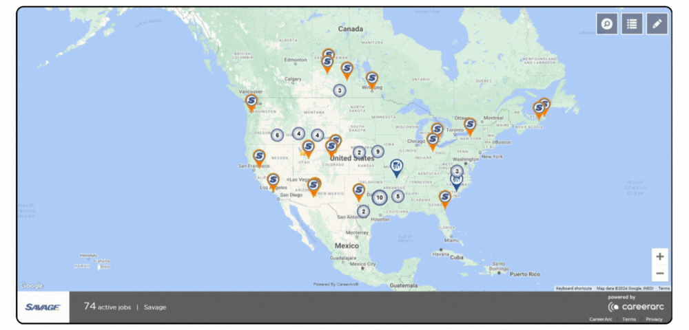 A gif showing Savage Services job openings across the united states.