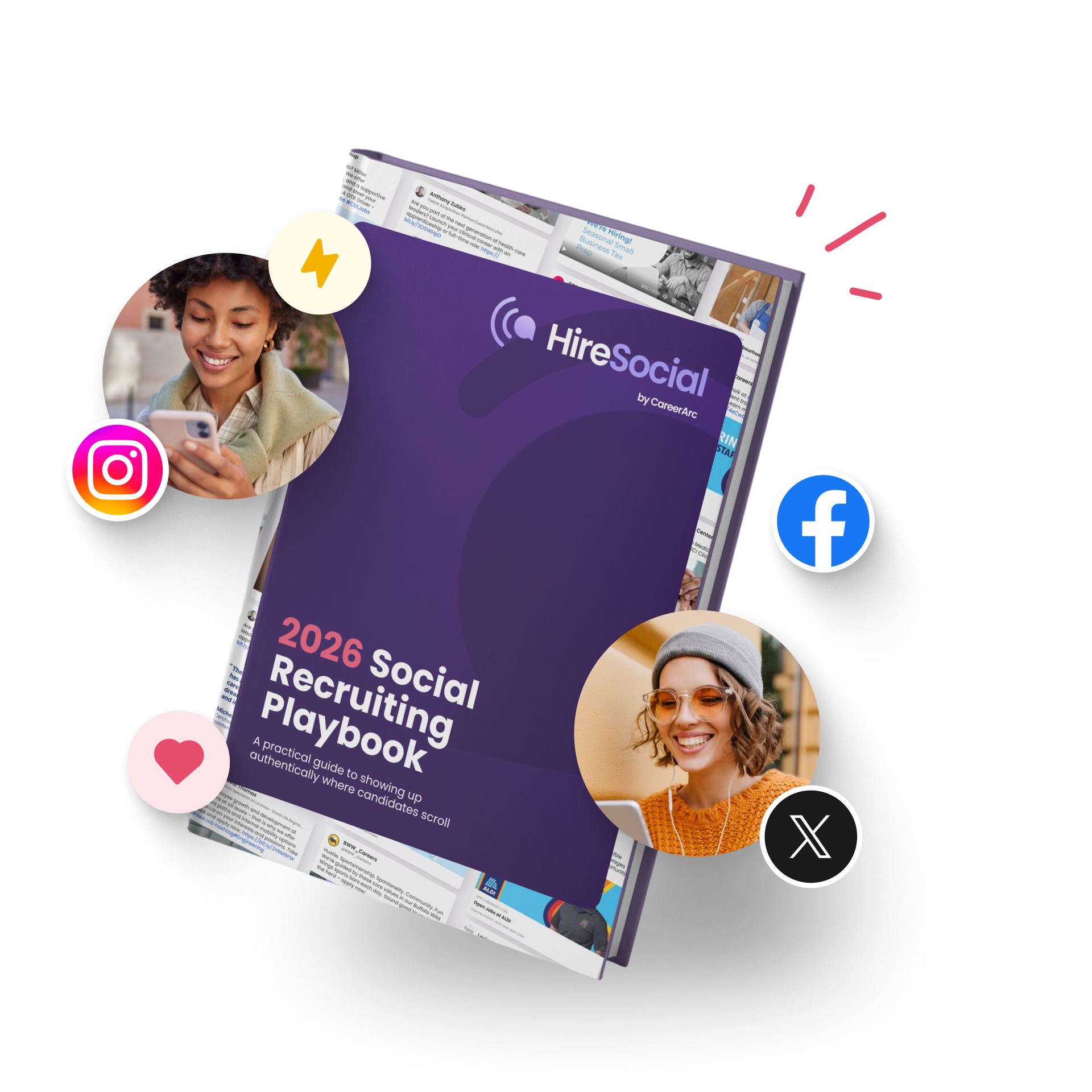 2026 Social Recruiting Playbook promotional image featuring a guide for social media hiring and candidate engagement on Instagram, Facebook, and X.