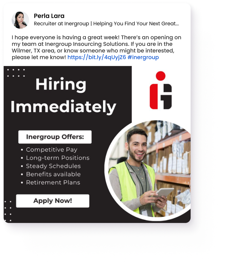 Recruiter from Inergroup sharing a social media post for warehouse and light industrial job openings