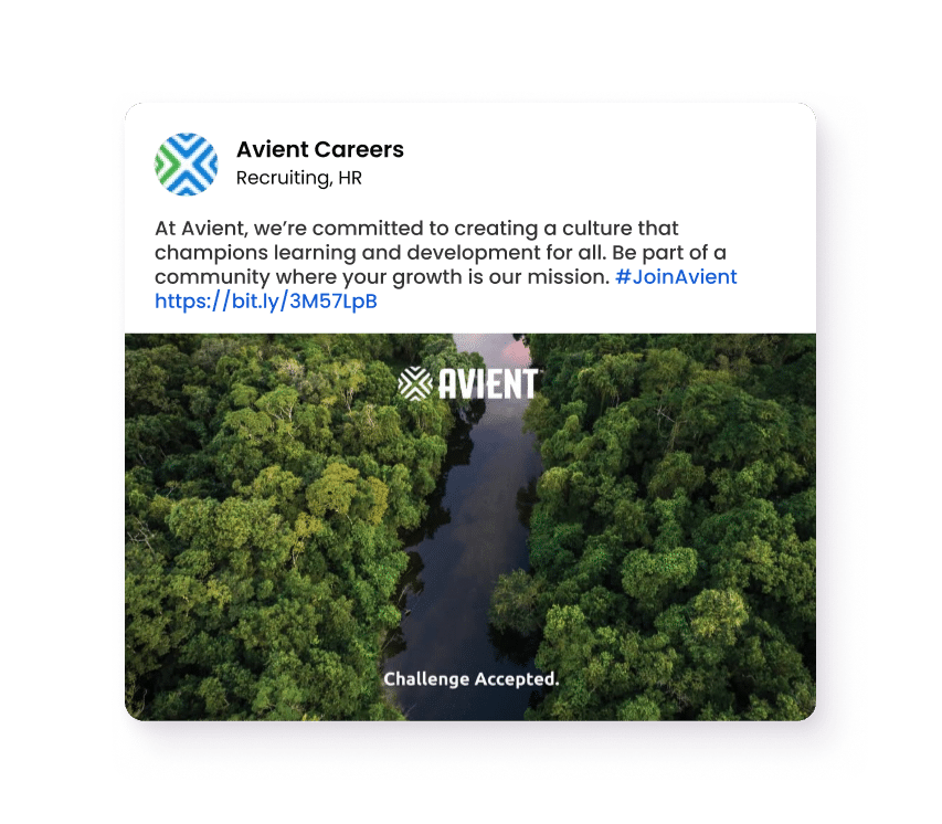 Aerial view of a river running through dense green forest with Avient logo and “Challenge Accepted” text