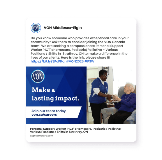Branded VON recruitment ad showing a healthcare worker with a patient and messaging about making a lasting impact and applying online