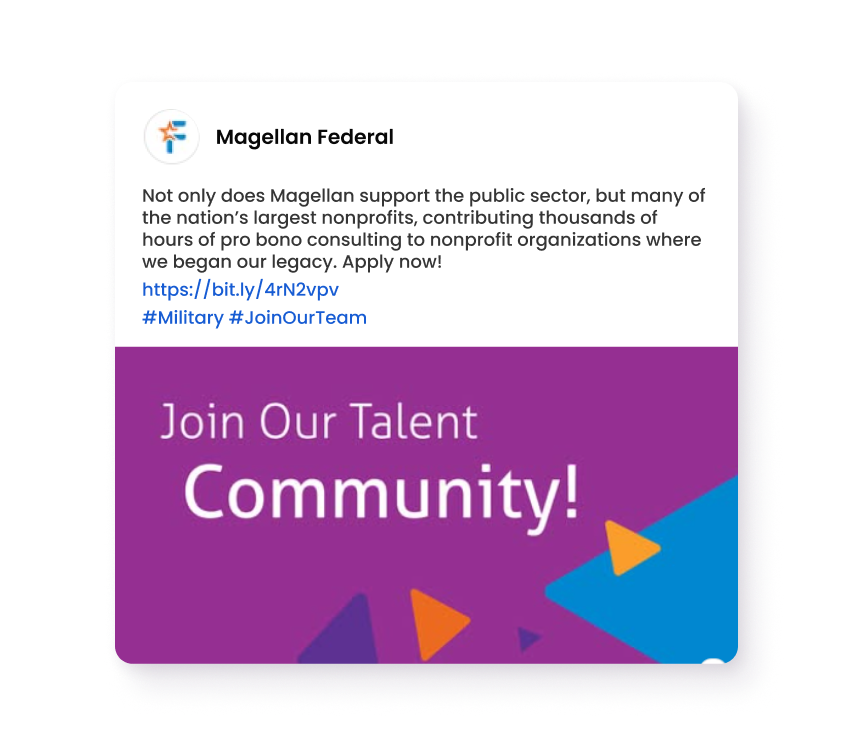 Purple graphic with “Join Our Talent Community” text and abstract shapes