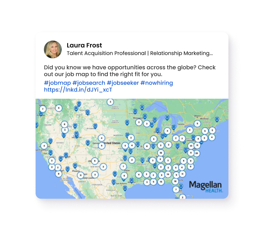 Map of the United States with multiple location pins showing job opportunities