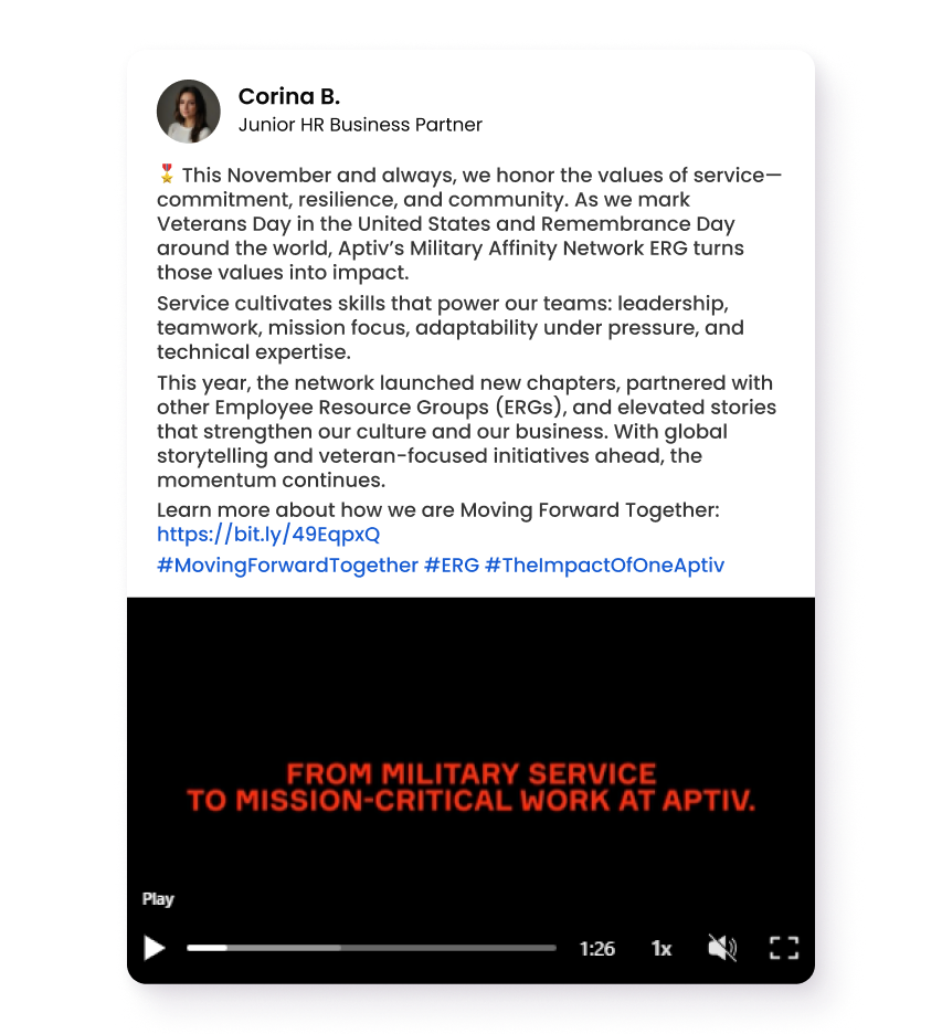 Video thumbnail with text about transitioning from military service to mission-critical work at Aptiv