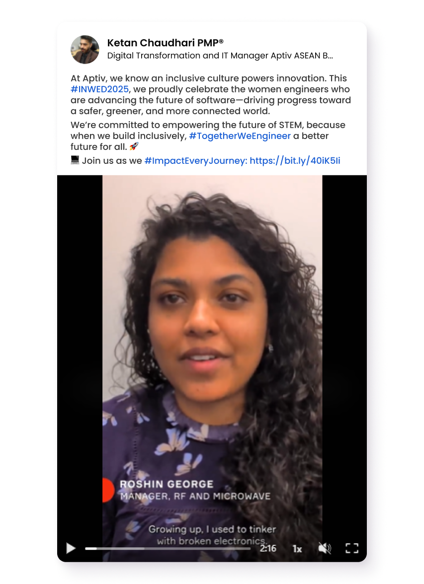Woman speaking in a video about her career journey in engineering at Aptiv