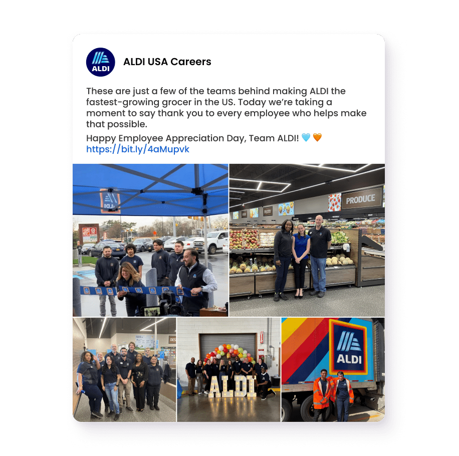 Example of employer branding strategies on a careers social media page featuring ALDI USA employee content and recruiting posts