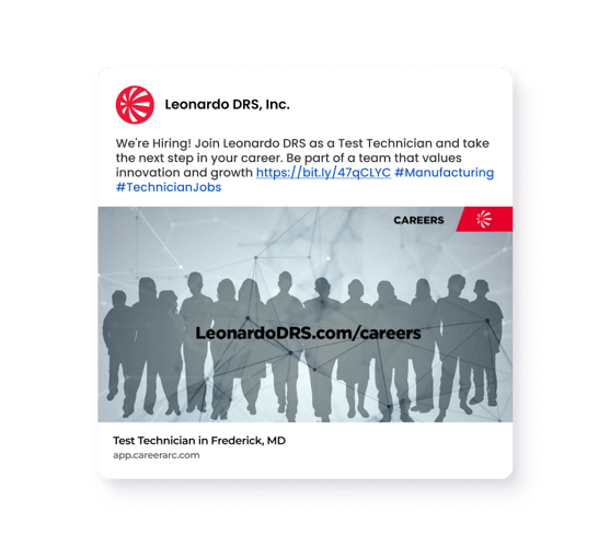 Screenshot of a Leonardo DRS social media hiring post advertising a test technician position with company branding and careers link