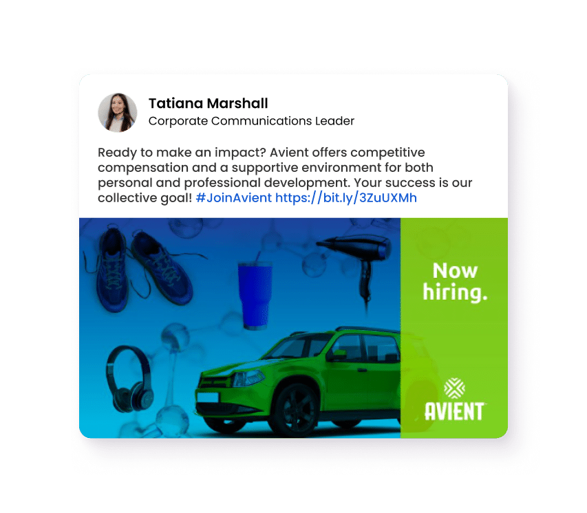 Graphic featuring consumer products and a green car with “Now hiring” and Avient branding