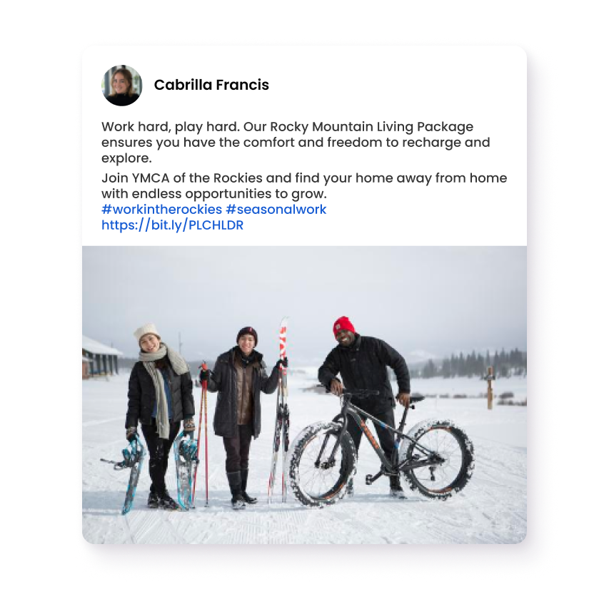 Three people outdoors in snowy landscape with snowshoes, skis, and a fat tire bike