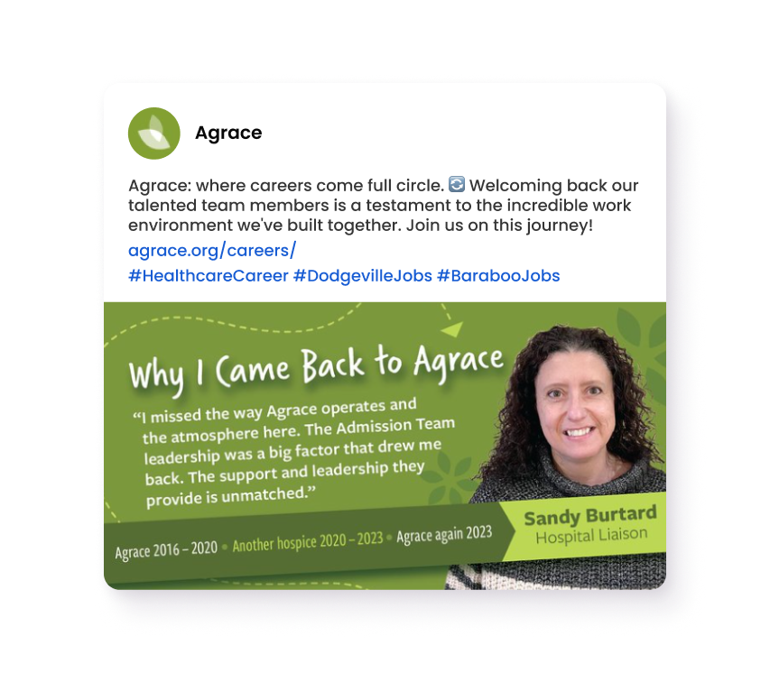 Employee testimonial graphic featuring a woman and text about returning to work at Agrace