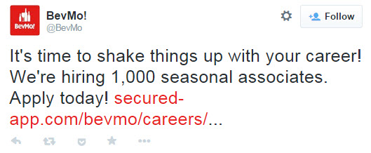 BevMo holidays open jobs tweet