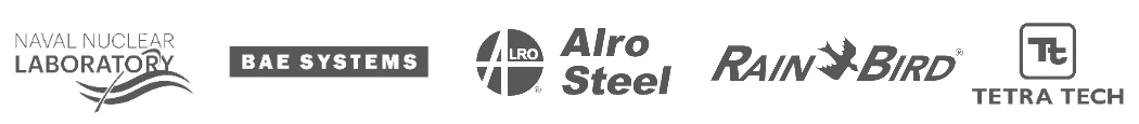 Logos of our clients, including Rain Bird, BAE Systems, Tetra Tech, and others.