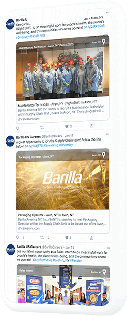 Barilla social media posts using CareerArc's social recruiting platform