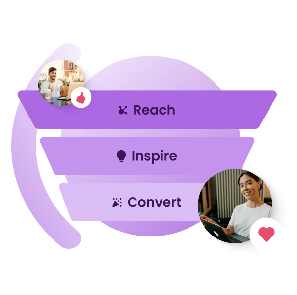 Purple funnel that shows the candidate funnel stages of reach, inspire, and convert.